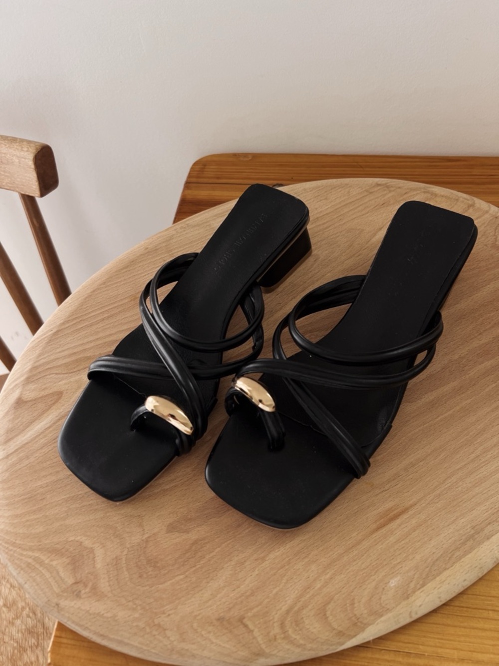 Black Strappy Square-Toe Heeled Sandals with Gold Accent